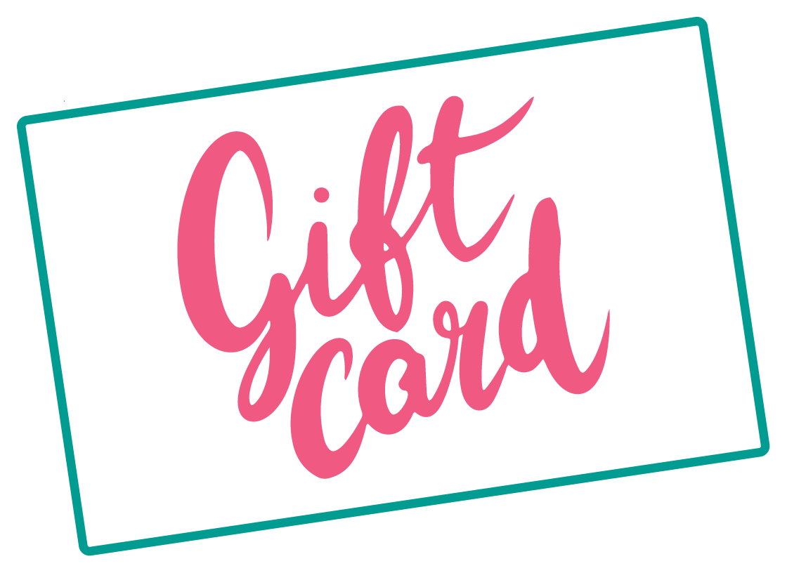 A white rectangular card with a teal border and pink cursive text that reads 'Gift card'.