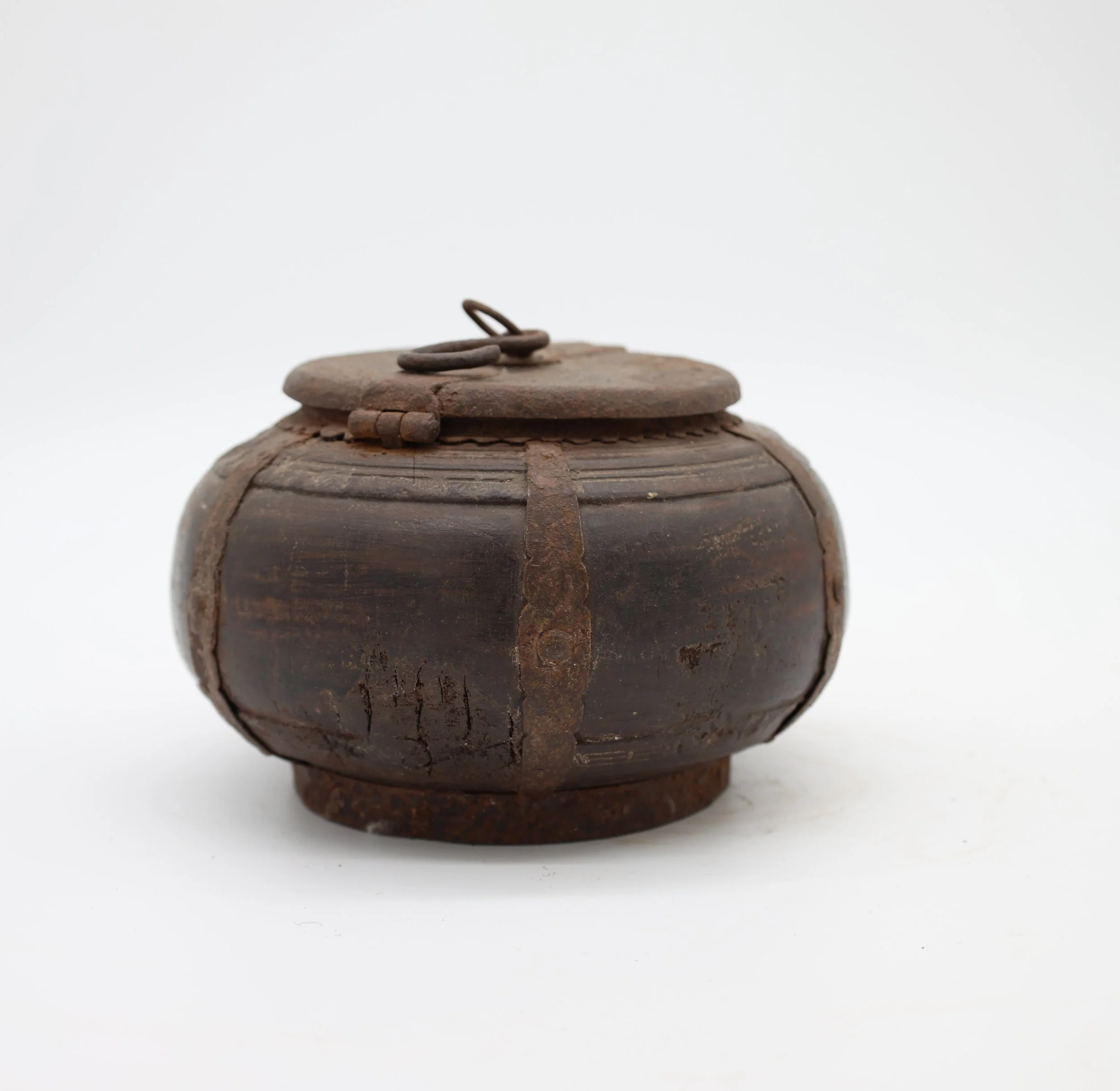 Wood container with metal bands