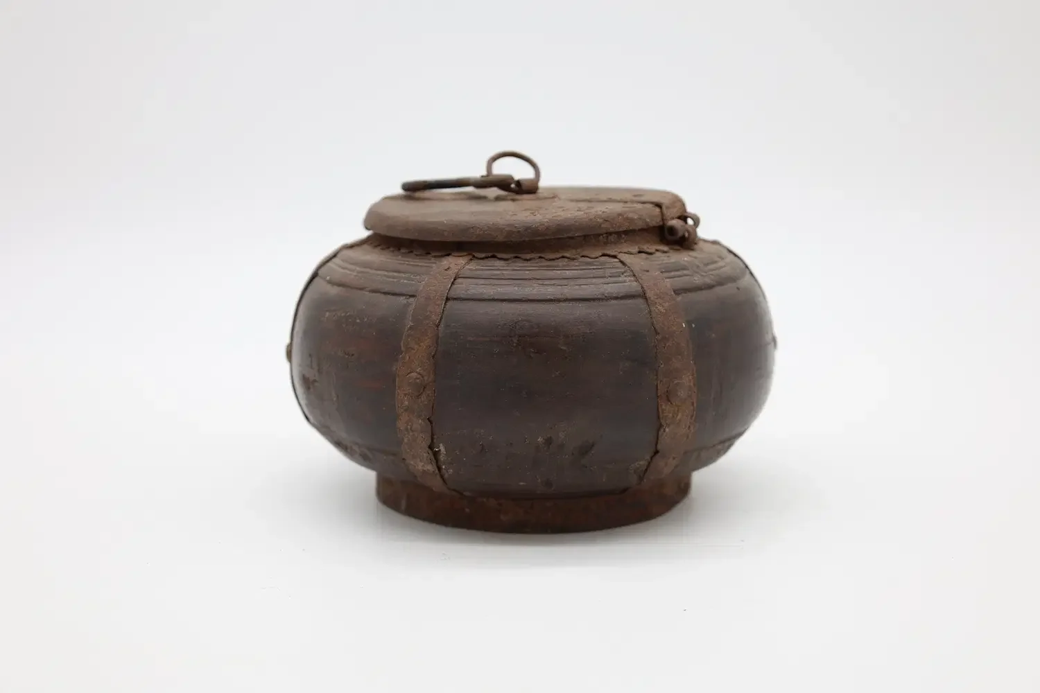 Lidded Wooden Container with Metal Bands