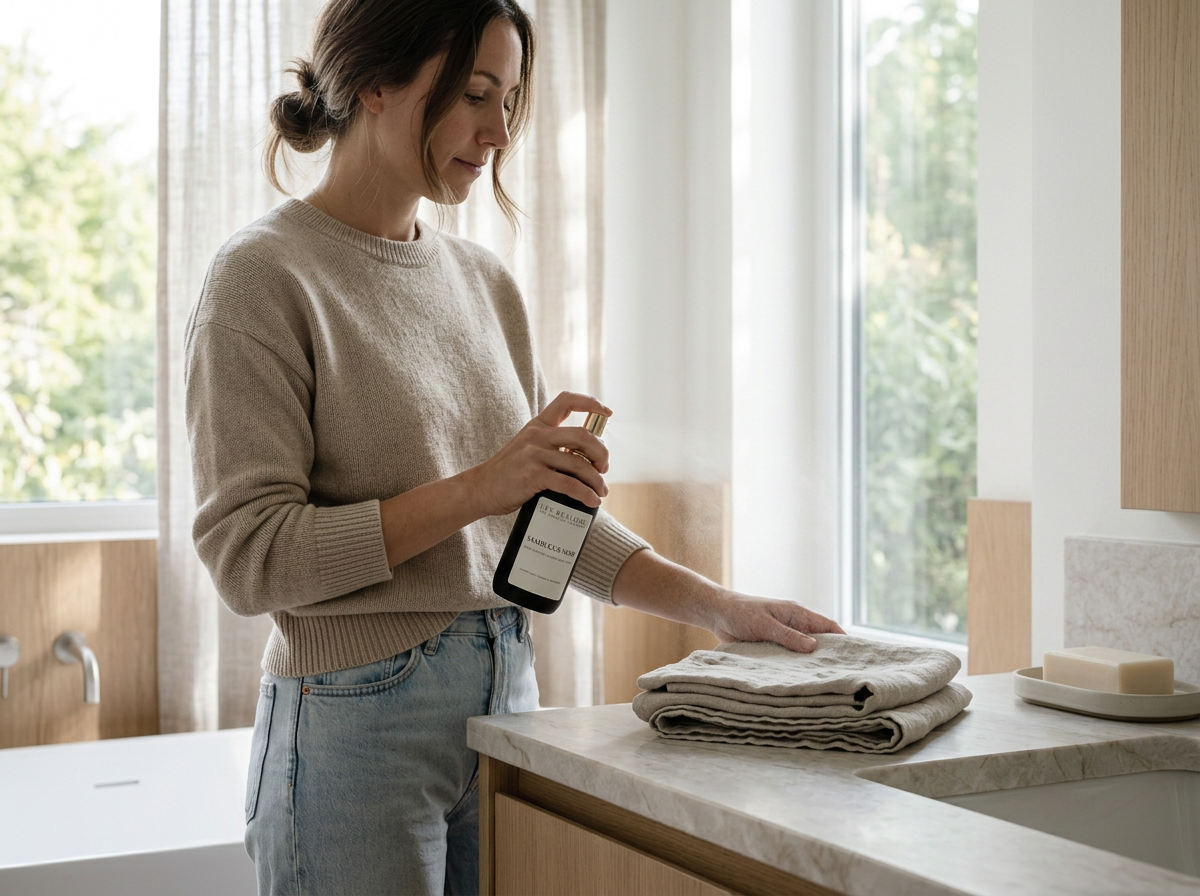 A woman in a beige sweater and jeans spray disinfectant on folded towels in a bright bathroom.