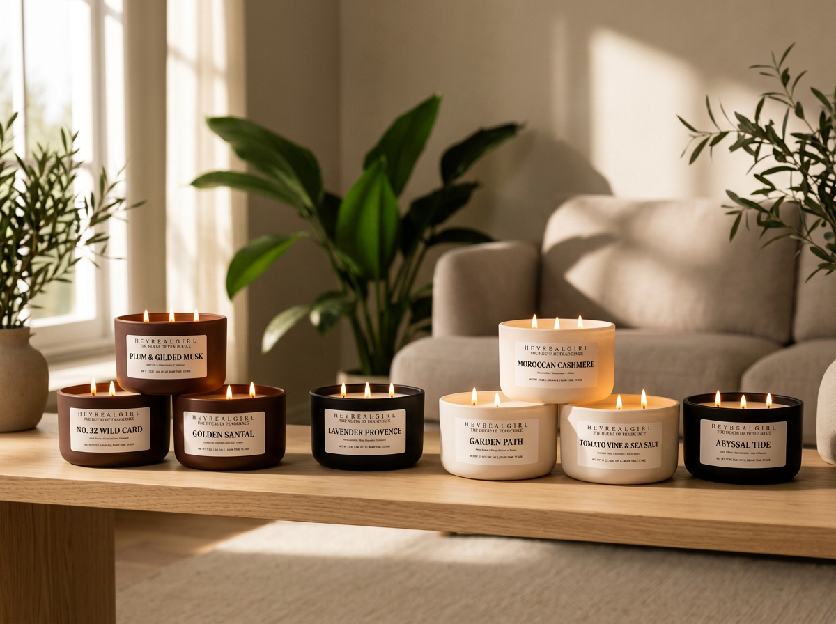Collection of lit candles with white and black labels on a wooden table in a cozy living room with plants and a beige couch.