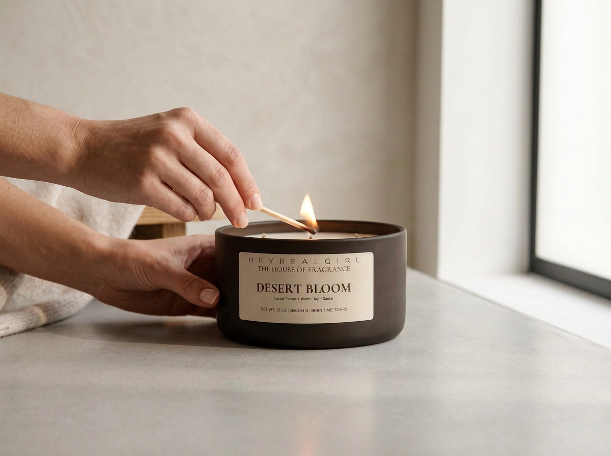 A person lighting a candle with a matchstick inside a black candle holder labeled "DESERT BLOOM" from Hey Real Girl, on a table next to a window.