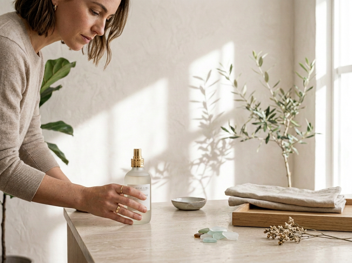 Woman placing a spray bottle on a wooden table, with a potted plant, folded cloth, and decorative stones on the table.