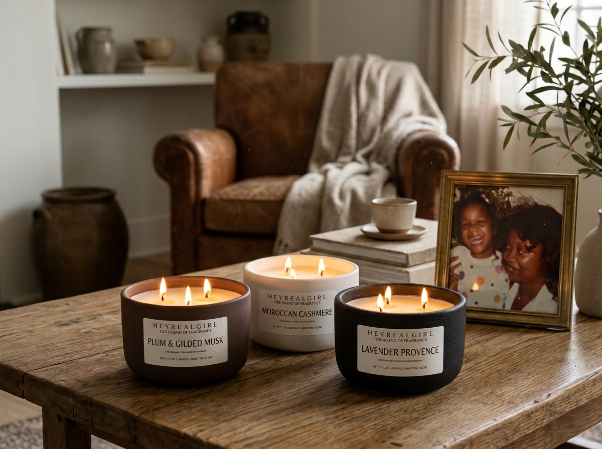 Three candles burning on a wooden table, each labeled with scents: Plum & Gilded Musk, Moroccan Cashmere, and Lavender Provence. A framed photo of two smiling children and a woman, a vase with greenery, and a cozy armchair with a blanket are in the background.