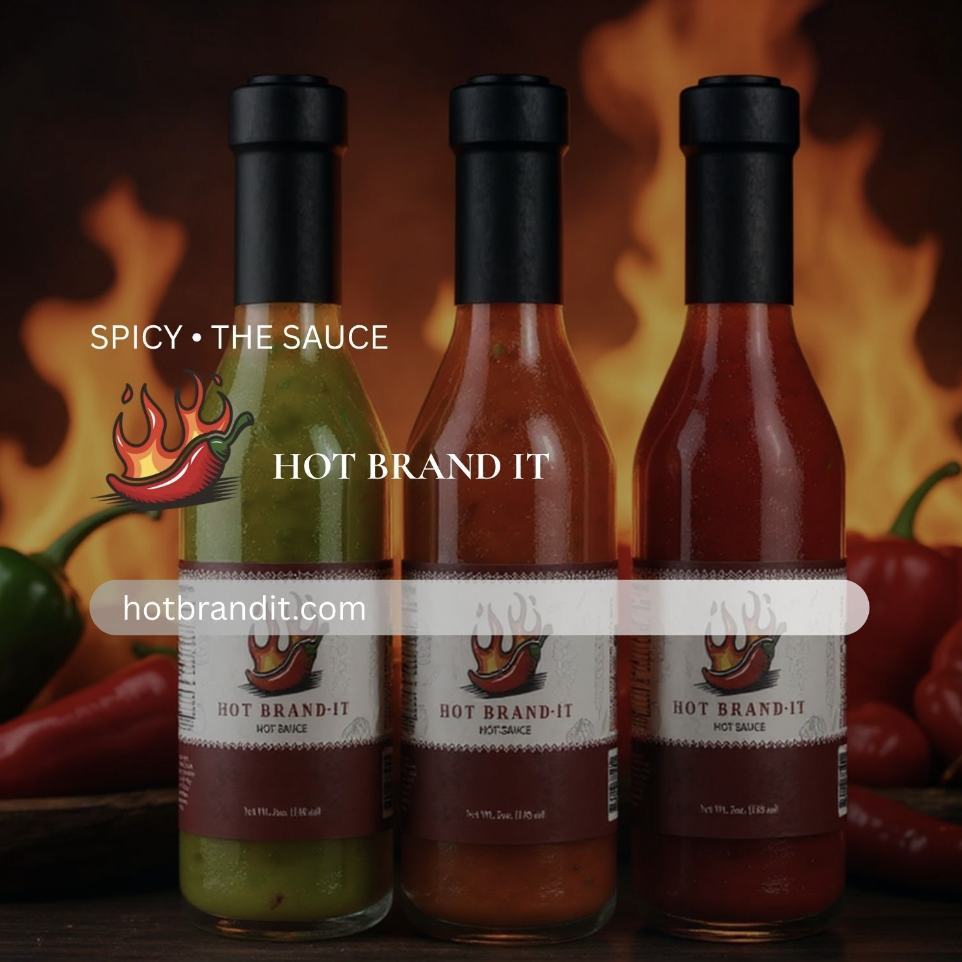 Three bottles of hot sauce with flames in the background and peppers nearby, labeled 'Hot Brand-It'.