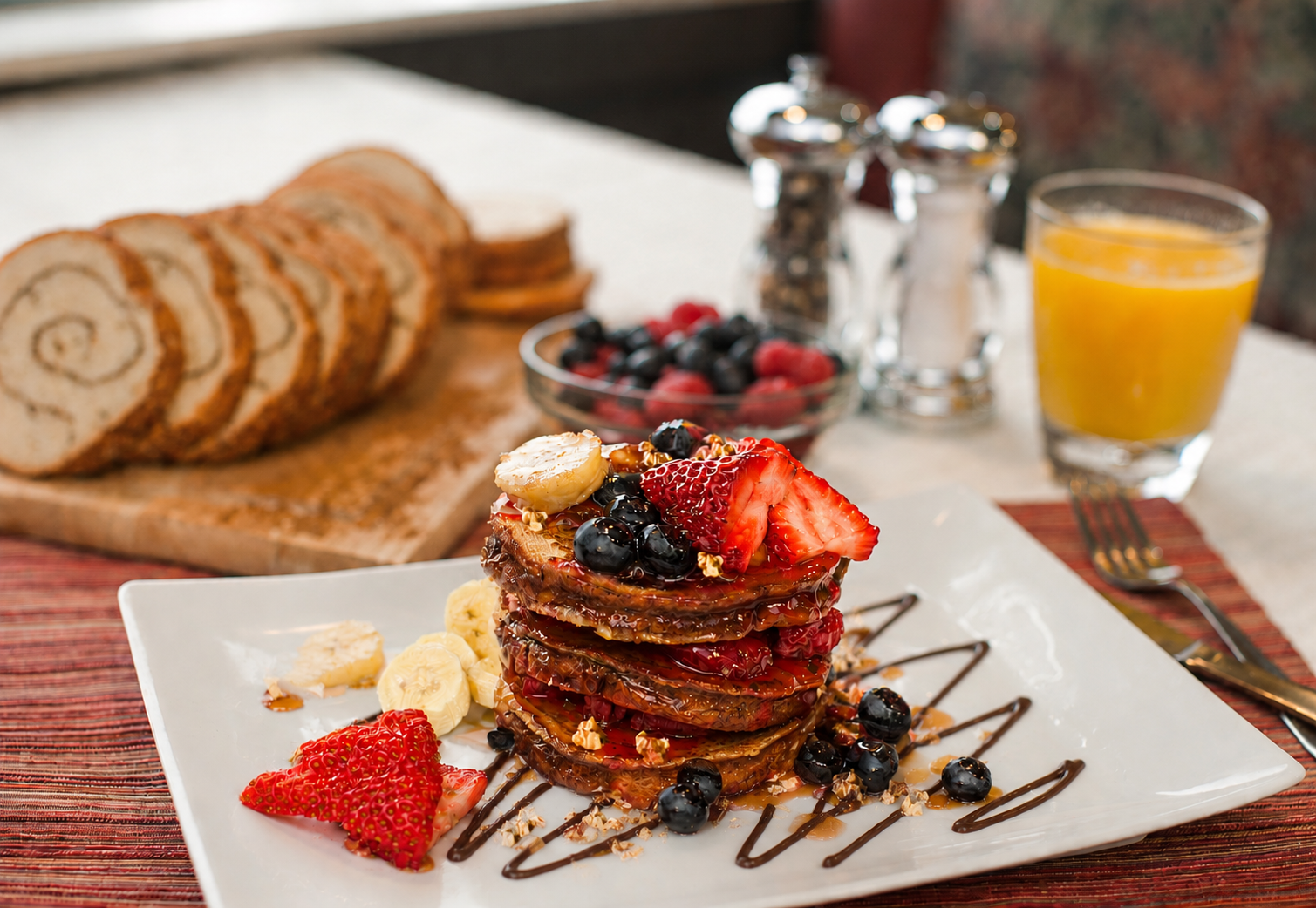 Stack of pancakes topped with strawberries, blueberries, bananas, and chocolate syrup on a white plate, with sliced bananas and strawberries on the side, and a drizzle of chocolate sauce.