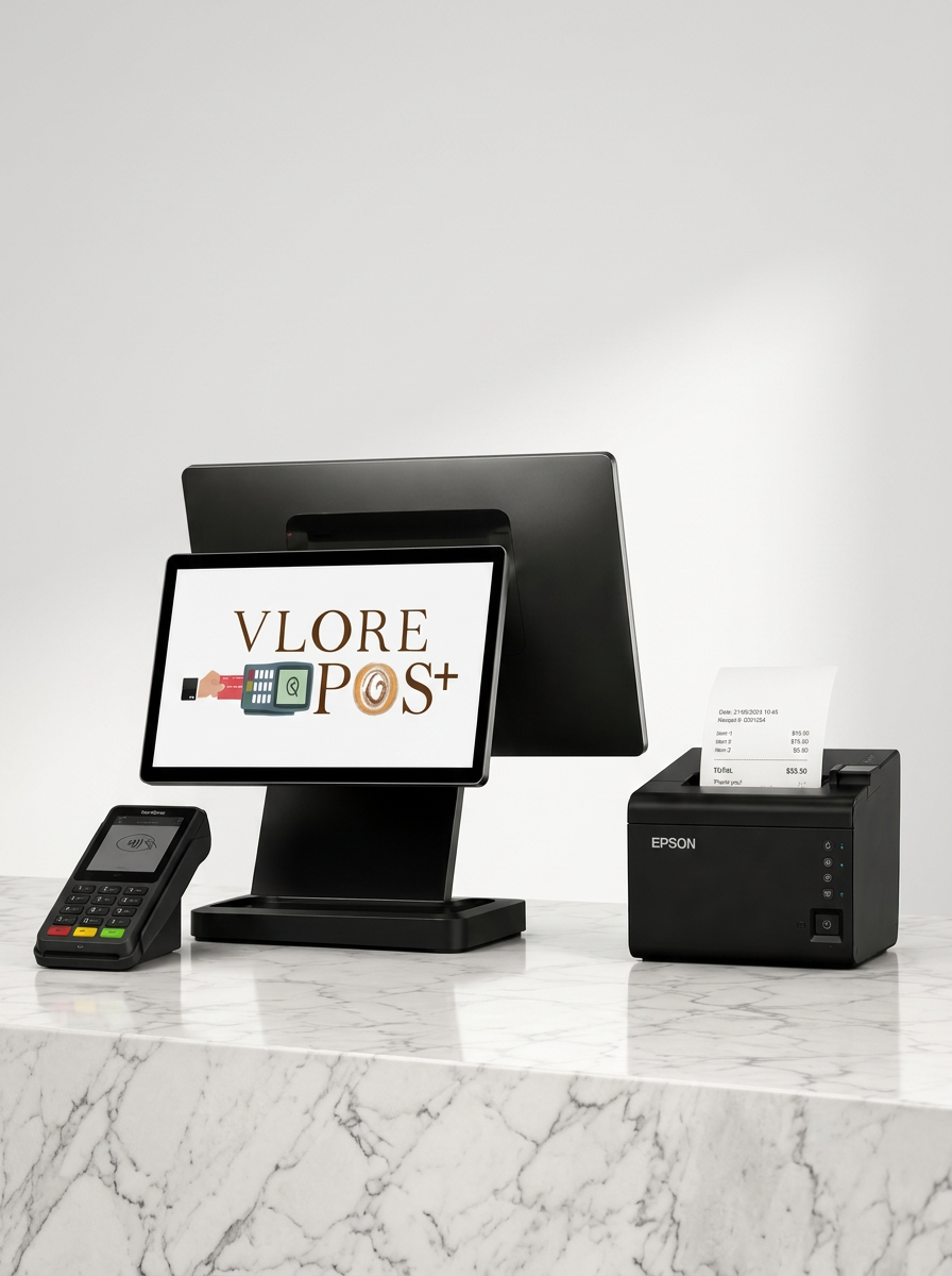 Cash register with a receipt, point of sale monitor displaying 'VLORE POS+', and credit card terminal on a marble counter.