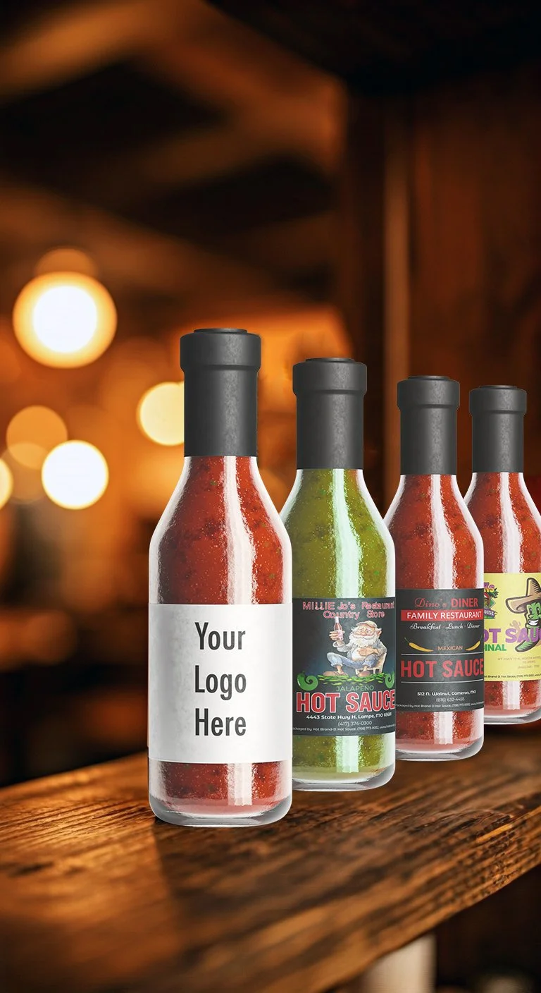 Four bottles of hot sauce on a wooden surface, with one bottle having a customizable label reading "Your Logo Here". The other bottles have colorful labels with illustrations and text about different hot sauces. The background is a dimly lit, cozy restaurant or bar setting with warm bokeh lights.