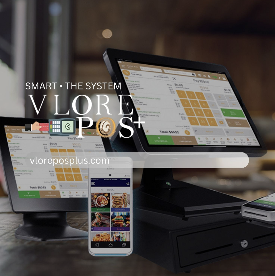 Point of sale cash register setup with digital screens displaying point of sale software, a smartphone, and a credit card reader on a checkout counter.