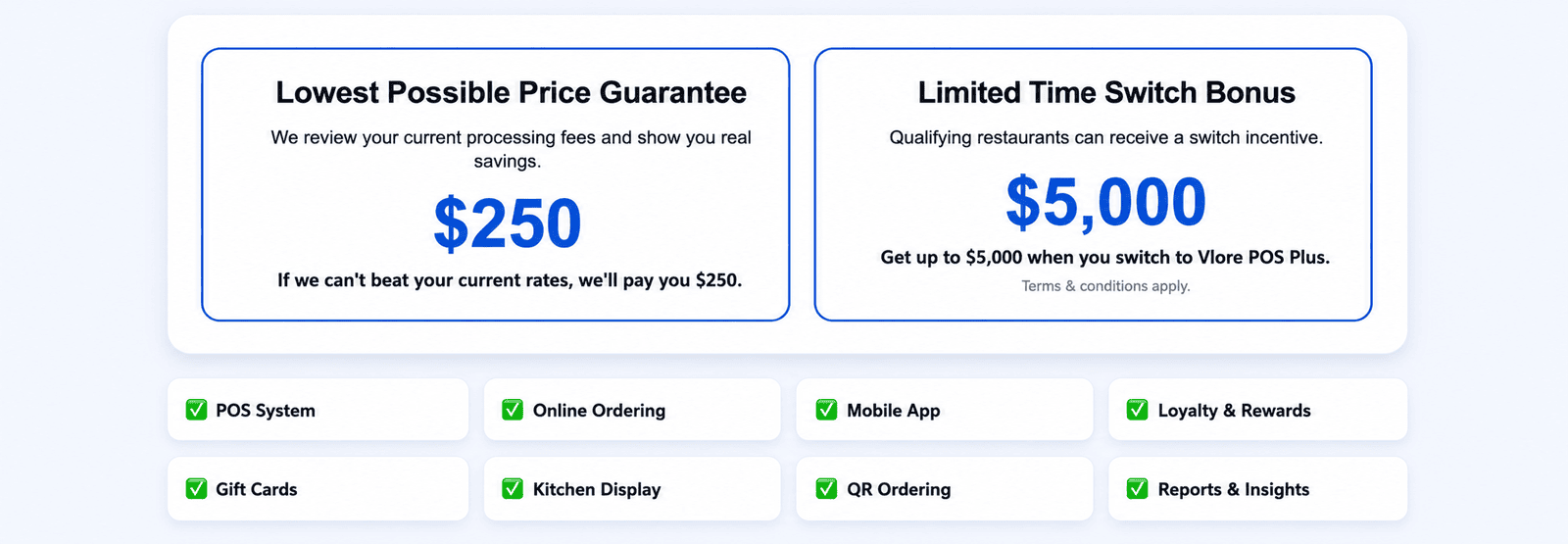 Promotional offer for POS system and rewards program, with guarantees on price and incentives for switching to Vlore POS Plus, including a $250 price guarantee and up to a $5,000 switch bonus.