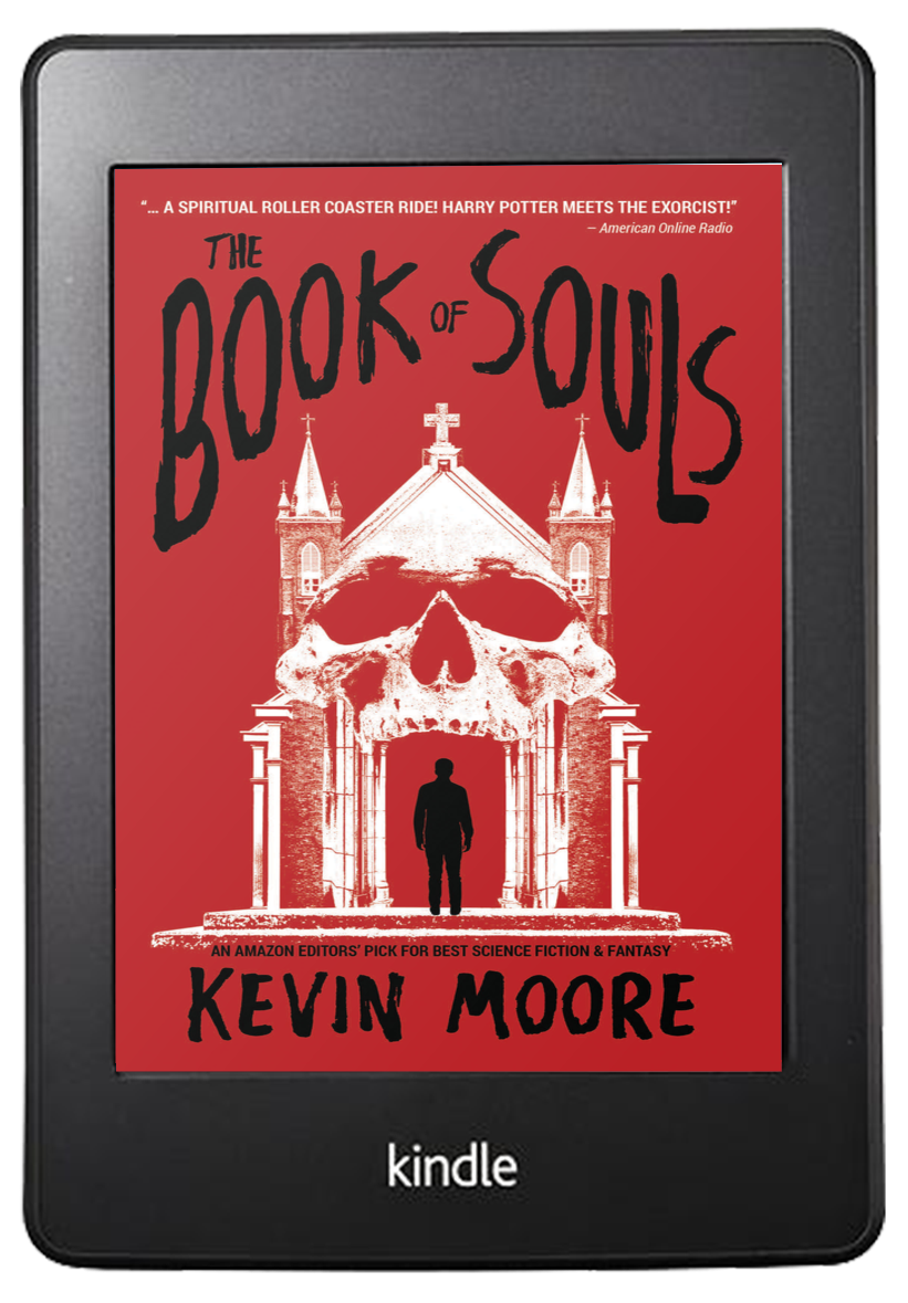 Cover of a book titled "The Book of Souls" by Kevin Moore, featuring a red background, a large skull overlay on a church, with a person standing at the exit of the church.
