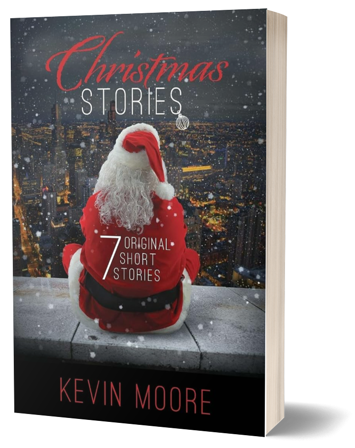 Book cover for 'Christmas Stories' by Kevin Moore, featuring a person dressed as Santa Claus sitting on a ledge overlooking a city at night with snow falling.