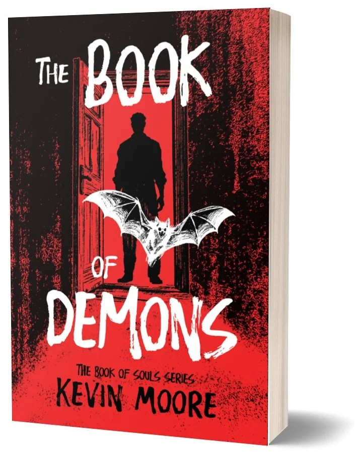 Cover of the book titled 'The Book of Demons' by Kevin Moore, featuring a silhouette of a person standing in a doorway with a red background and a flying bat with white wings.