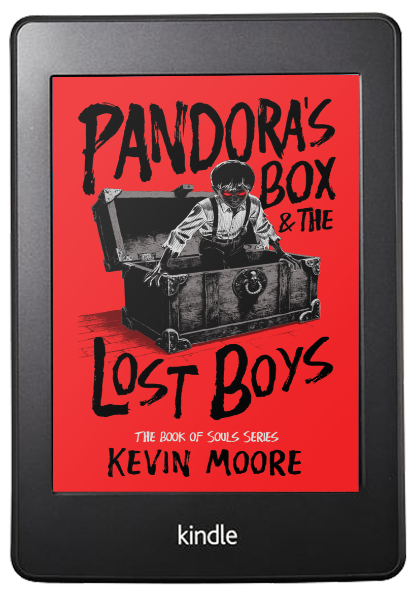 E-reader displaying a book cover titled 'Pandora's Box & The Lost Boys' by Kevin Moore. The cover features a black-and-white illustration of a young boy with dark hair, wearing sunglasses, a striped shirt, and suspenders, emerging from an open wooden chest. The background of the cover is red.