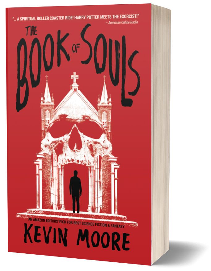 Cover of the book titled 'The Book of Souls' by Kevin Moore, featuring a red background, a large skull with a church and castle-like structures, and a silhouette of a man walking into the building.