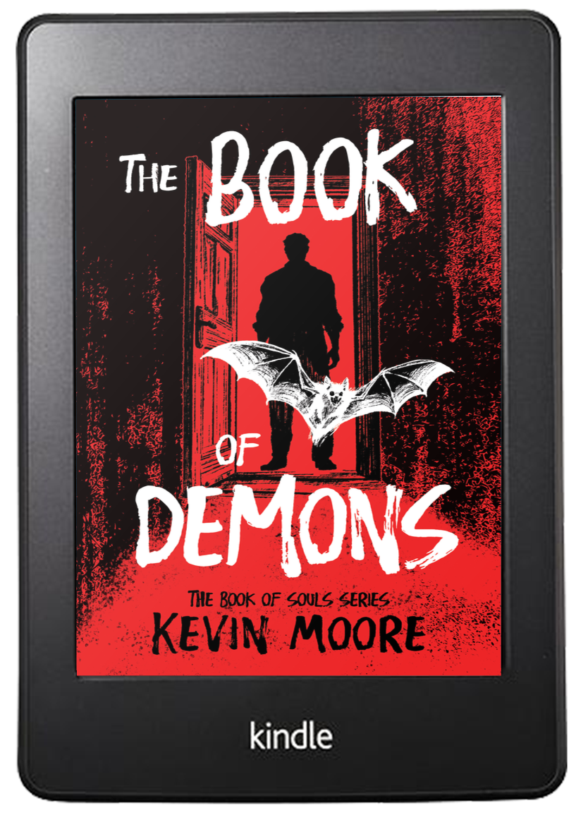 E-book cover titled "The Book of Demons" by Kevin Moore, featuring a silhouette of a person standing in front of an open door with a bat-like creature in front of them, on a Kindle device.