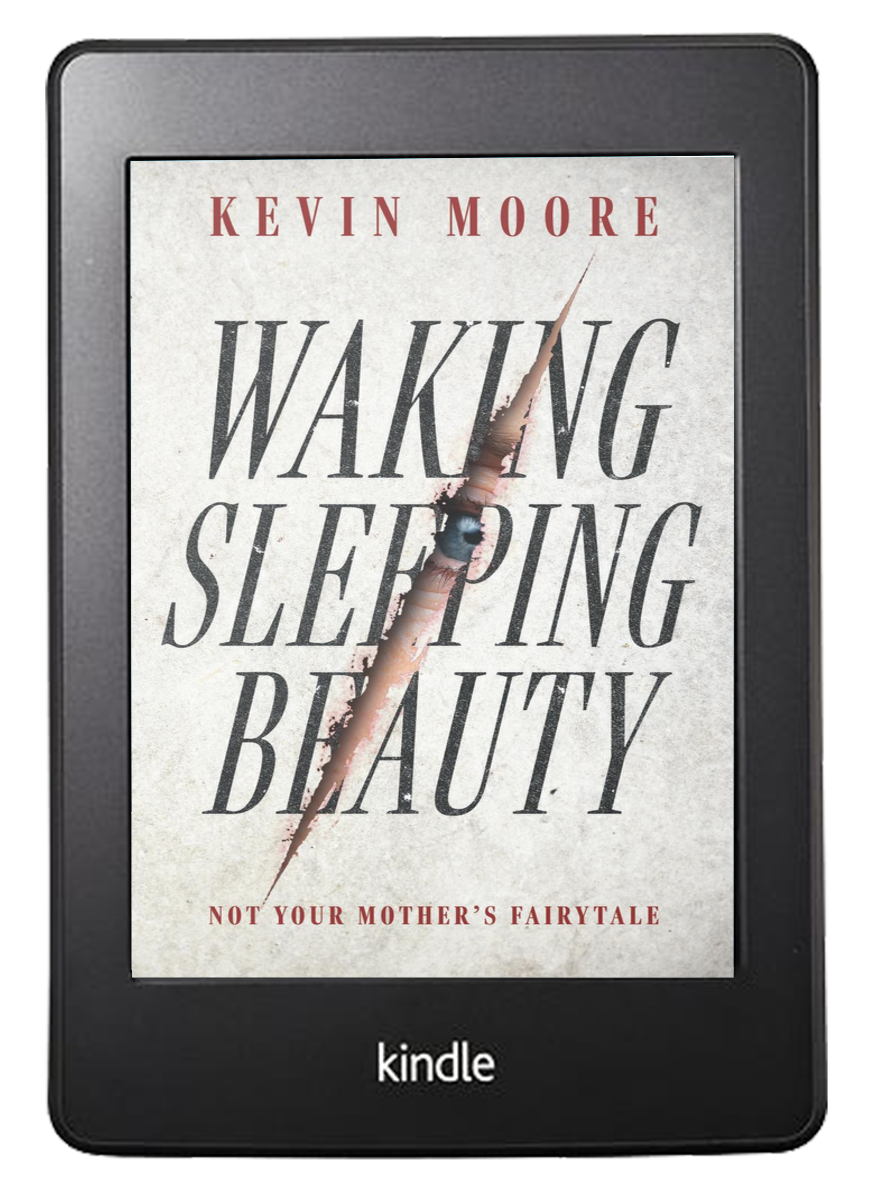 E-reader device displaying the cover of a book titled 'Waking Sleeping Beauty: Not Your Mother's Fairytale' by Kevin Moore, with a cracked or torn cover design.