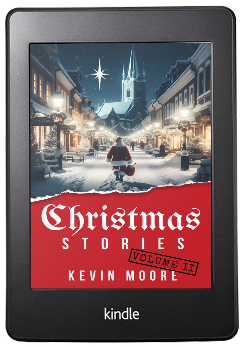 E-book cover titled "Christmas Stories Volume II" by Kevin Moore. Shows a snowy street with Christmas lights, a Santa figure walking away from the camera, and a church in the background with a starry night sky.