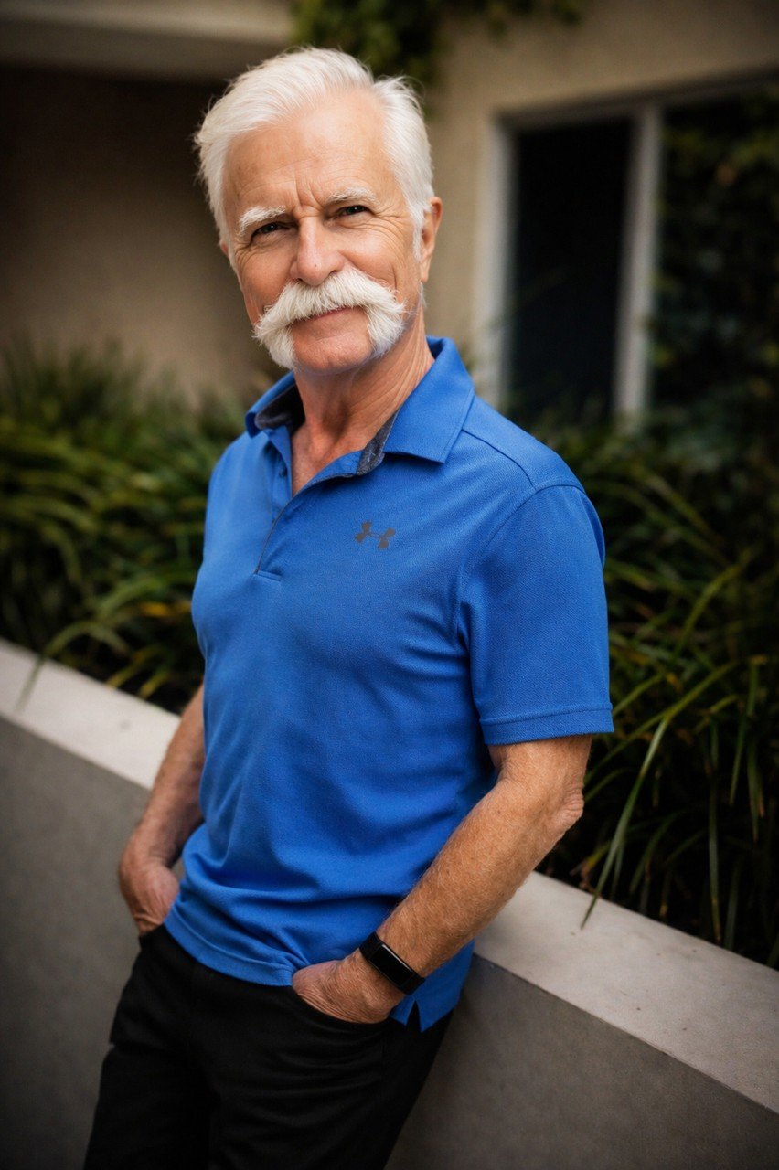 An elderly man with a white mustache and white hair wearing a blue Under Armour polo shirt and black pants, standing outdoors with greenery in the background.