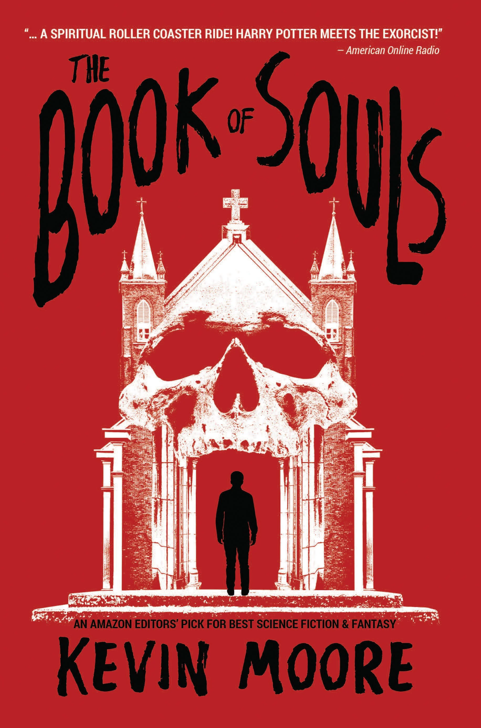 Red book cover for 'The Book of Sould' by Kevin Moore featuring a skull and church structure, with a silhouette of a person in front of the entrance.