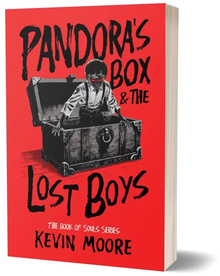 Book cover titled 'Pandora's Box & The Lost Boys' by Kevin Moore, showing a boy with dark hair and red glowing eyes emerging from an open treasure chest on a red background.