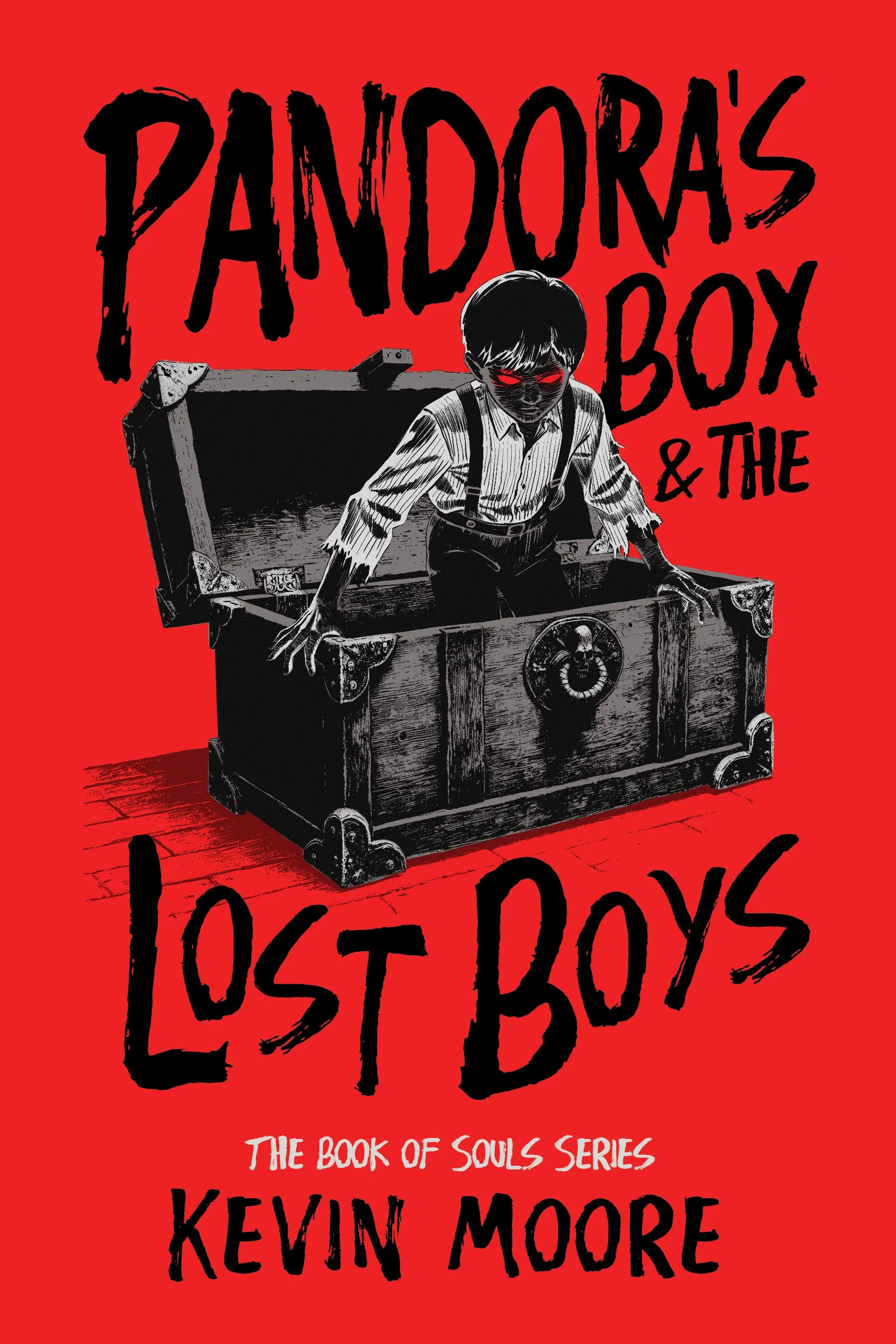 Book cover for 'Pandora's Box & The Lost Boys' by Kevin Moore, featuring a red background, black hand-drawn text, and an illustration of a boy with glowing red eyes emerging from an open wooden treasure chest.