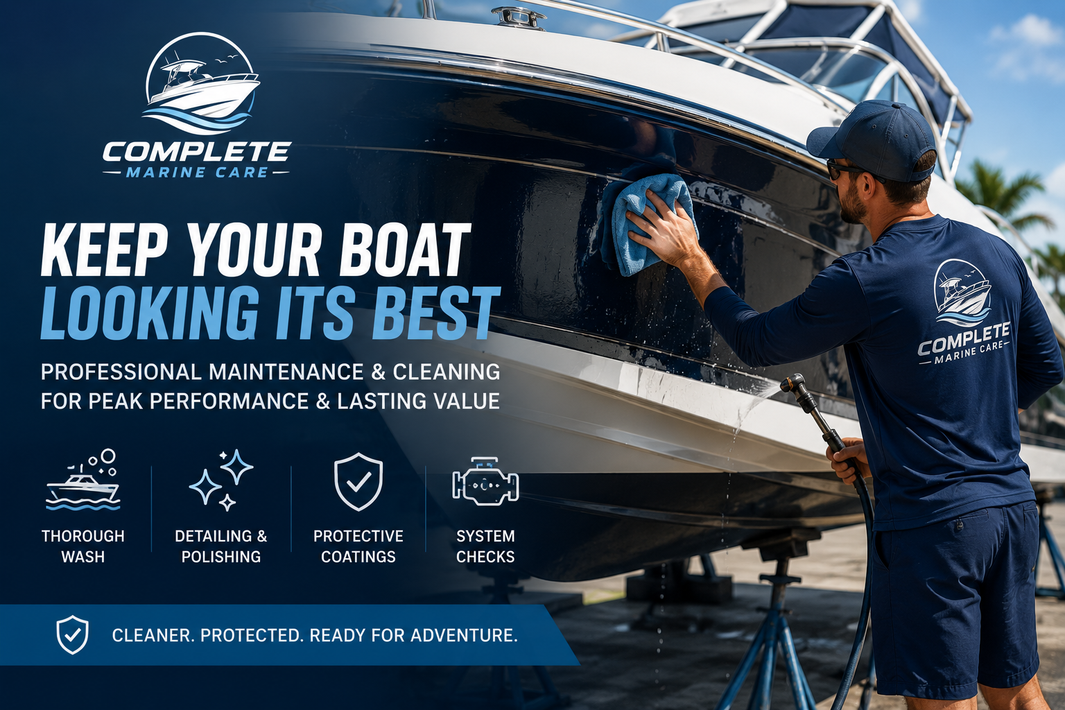 A man cleaning the hull of a boat with a cloth. The boat is on stands, with a logo for 'Complete Marine Care' visible on it. The image promotes boat maintenance and cleaning services.