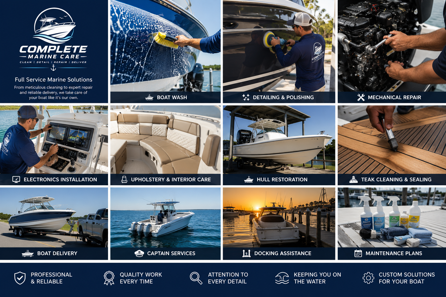 A promotional image for Complete Marine Care showcasing various boat maintenance and repair services, including boat wash, detailing and polishing, mechanical repair, electronics installation, upholstery and interior care, hull restoration, teak cleaning and sealing, boat delivery, captain services, docking assistance, and maintenance plans, with icons and a background featuring boats and maritime scenes.