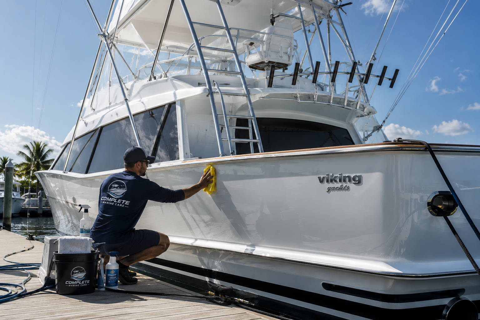 Man cleaning the hull of a white yacht named Viking Yacht with a yellow cloth at a dock under a blue sky.