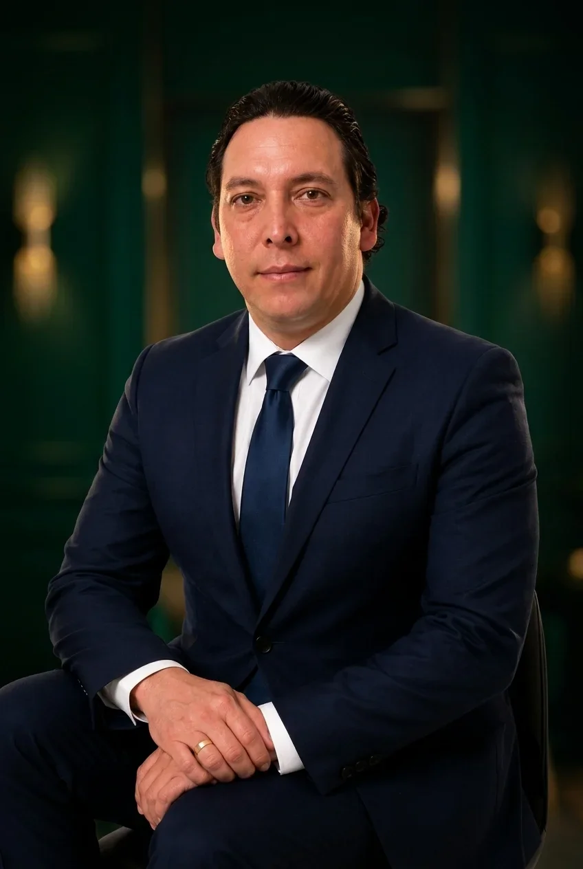 Retrato de un hombre con traje y corbata en un fondo verde con iluminación suave