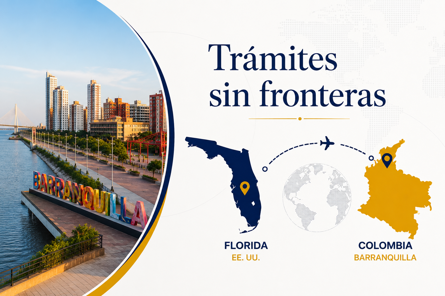 Mapa de Florida, Estados Unidos, y de Barranquilla, Colombia, junto con imágenes del río y el puente en Barranquilla, y título que dice 'Trámites sin fronteras'.