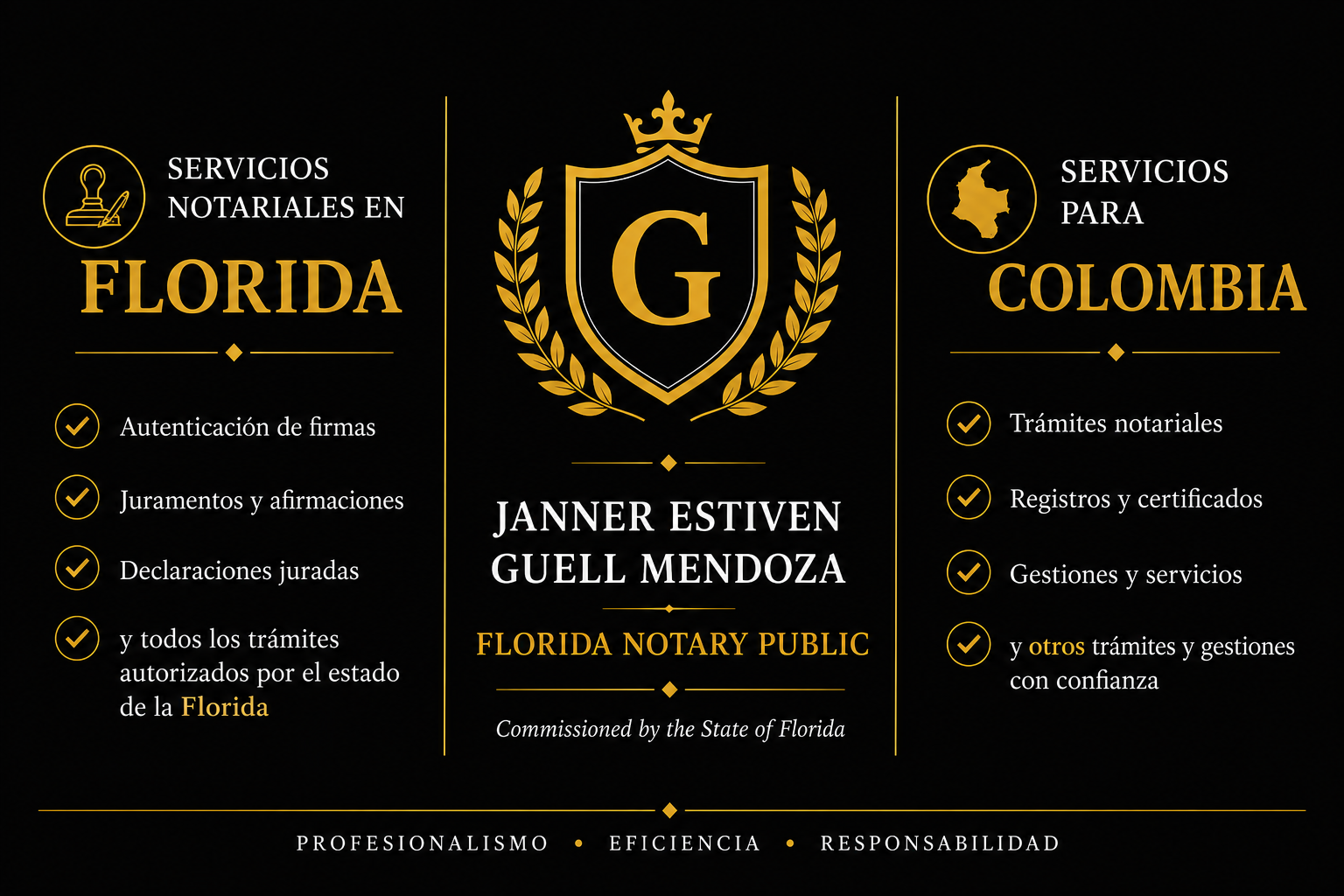 Anuncio publicitario de servicios notariales en Florida y Colombia, con detalles sobre autenticación de firmas, juramentos, declaraciones, trámites y gestiones, y un escudo con la letra G en el centro.