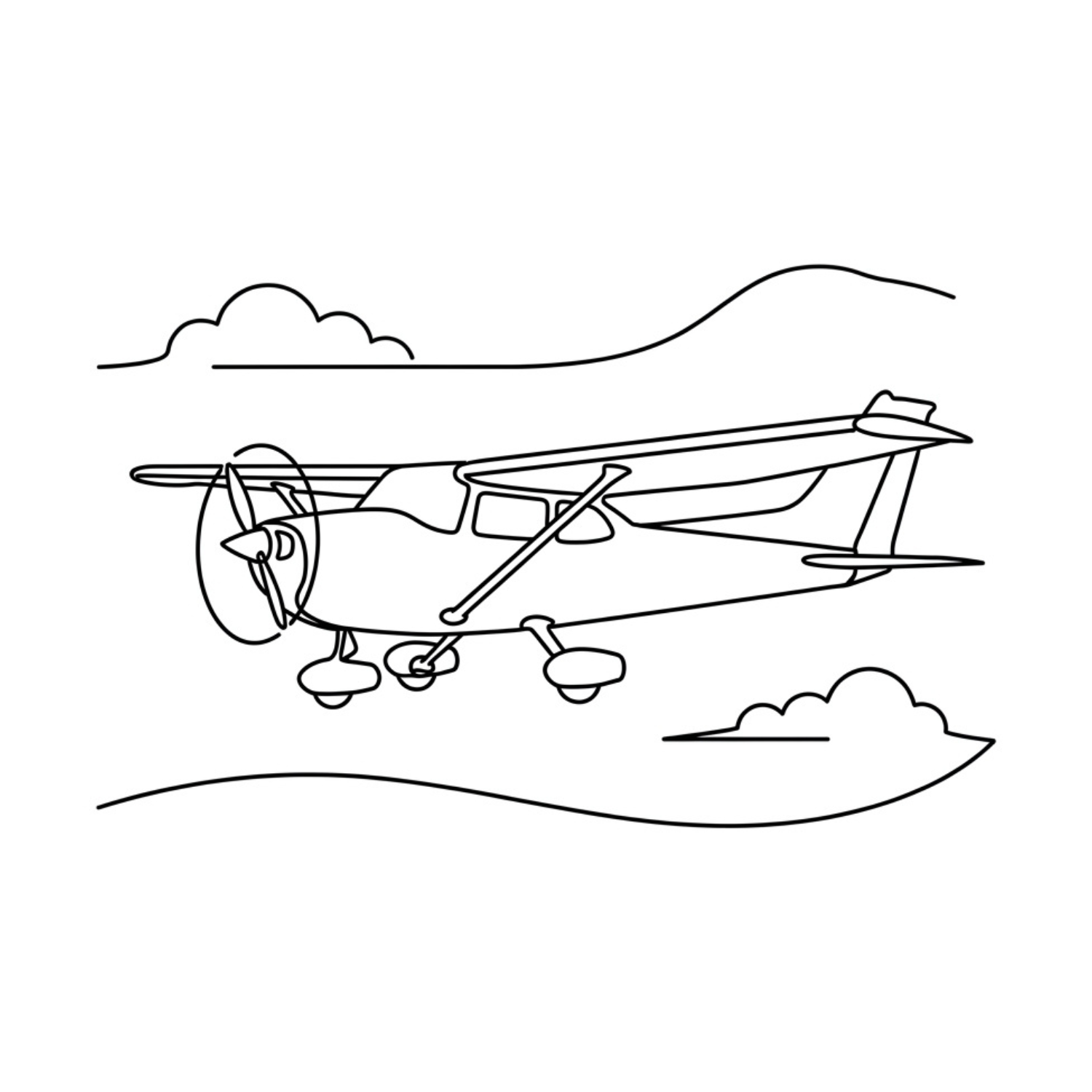 Line drawing of a small airplane flying above the clouds in the sky.