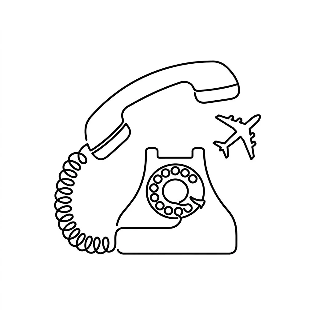 Line drawing of a vintage rotary telephone with a handset, and an airplane flying nearby, symbolizing travel or communication.