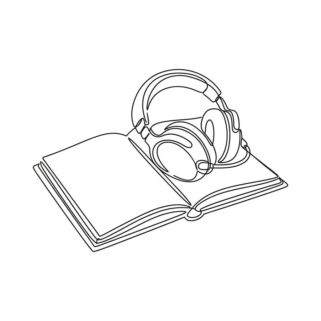 Line drawing of an open book with a pair of over-ear headphones resting on top of it.