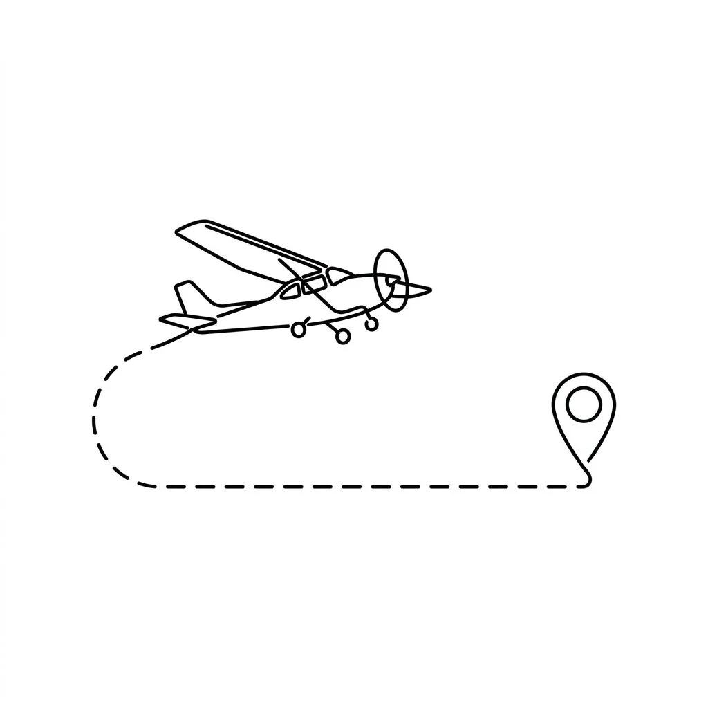 Line drawing of an airplane with a dotted path leading to a location marker.