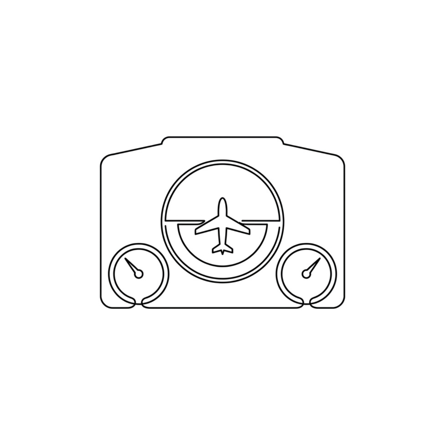 Line drawing of an airline cockpit instrument panel with a central aircraft symbol and two gauges on either side.