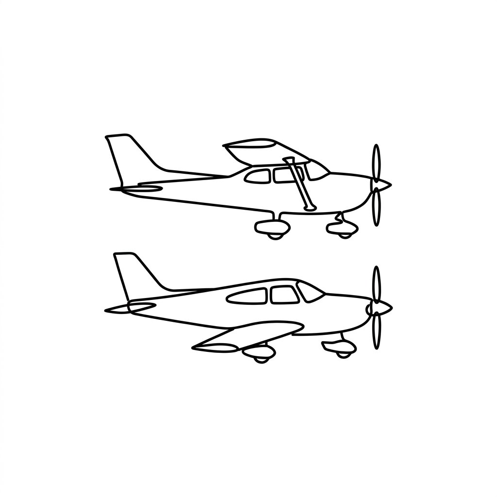 Line drawing of two small airplanes, one above the other, with propellers and cockpit windows.