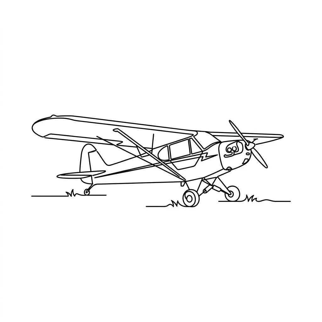 Line drawing of a small propeller airplane on the ground, with grass beneath its wheels.