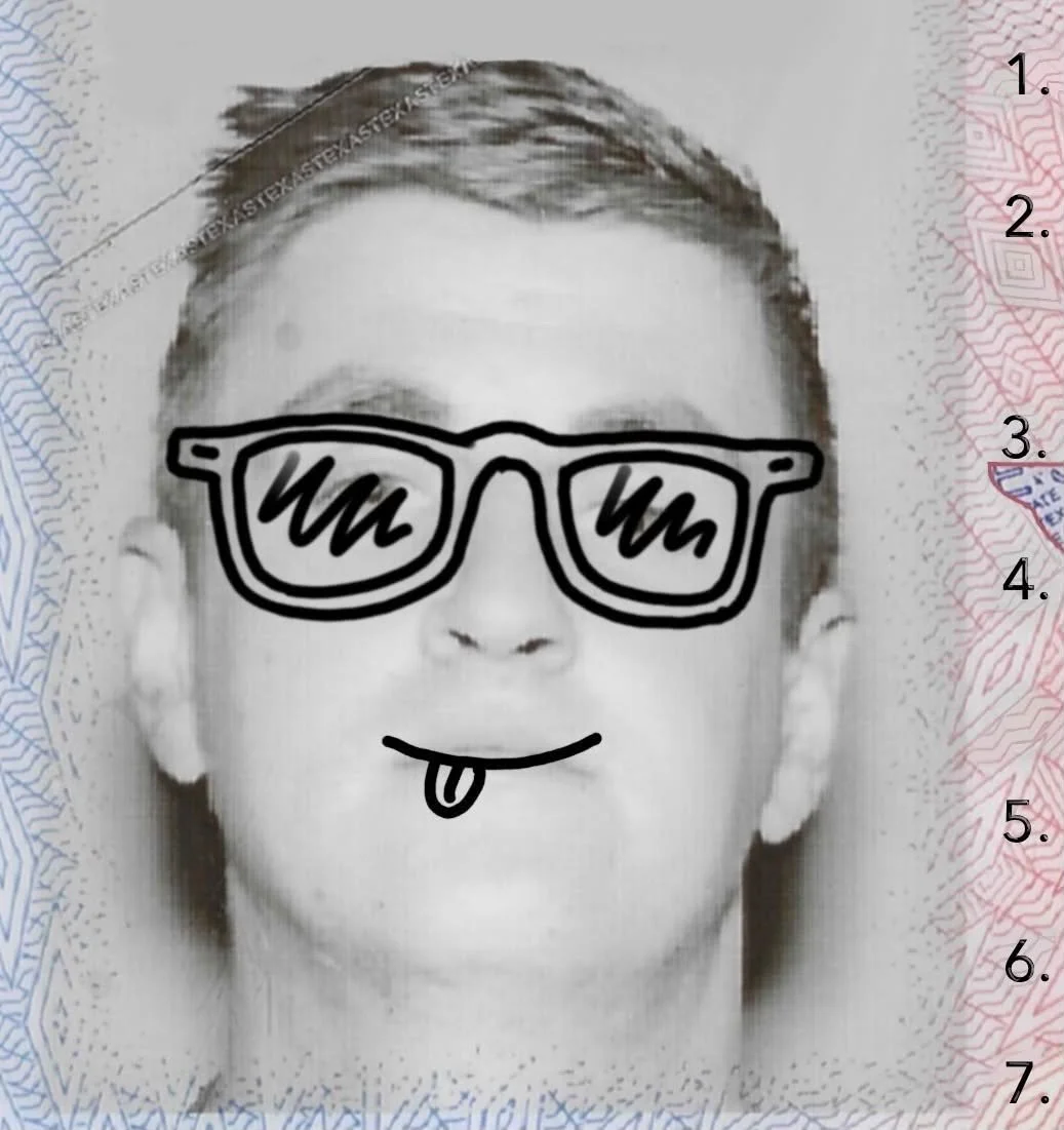 A close-up of Ihor's black-and-white ID photo with added graphic features: black sunglasses, a tongue sticking out, and a curved line representing a smile.
