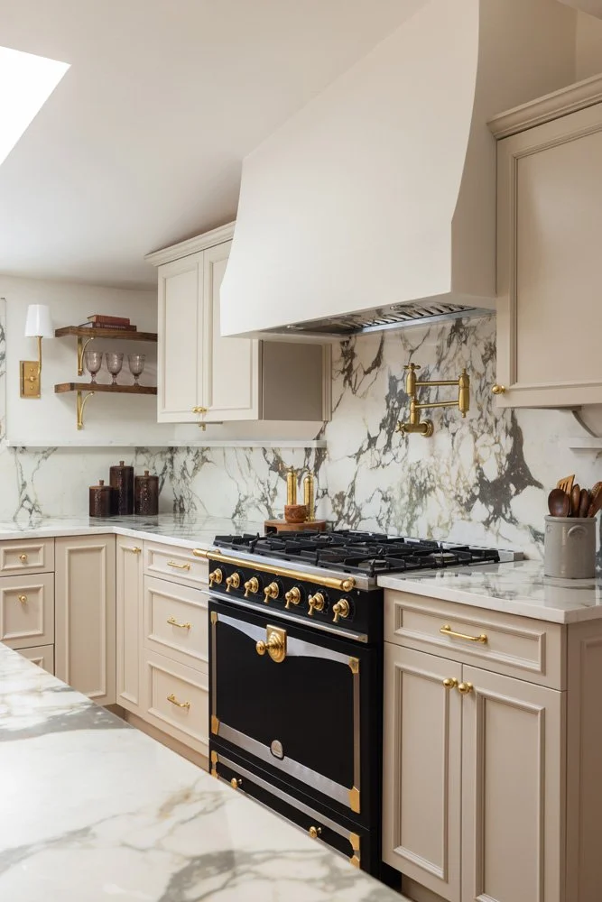 Elegant cream kitchen with a black and gold gas range, marble countertops and backsplash, brass fixtures, and glassware shelves.