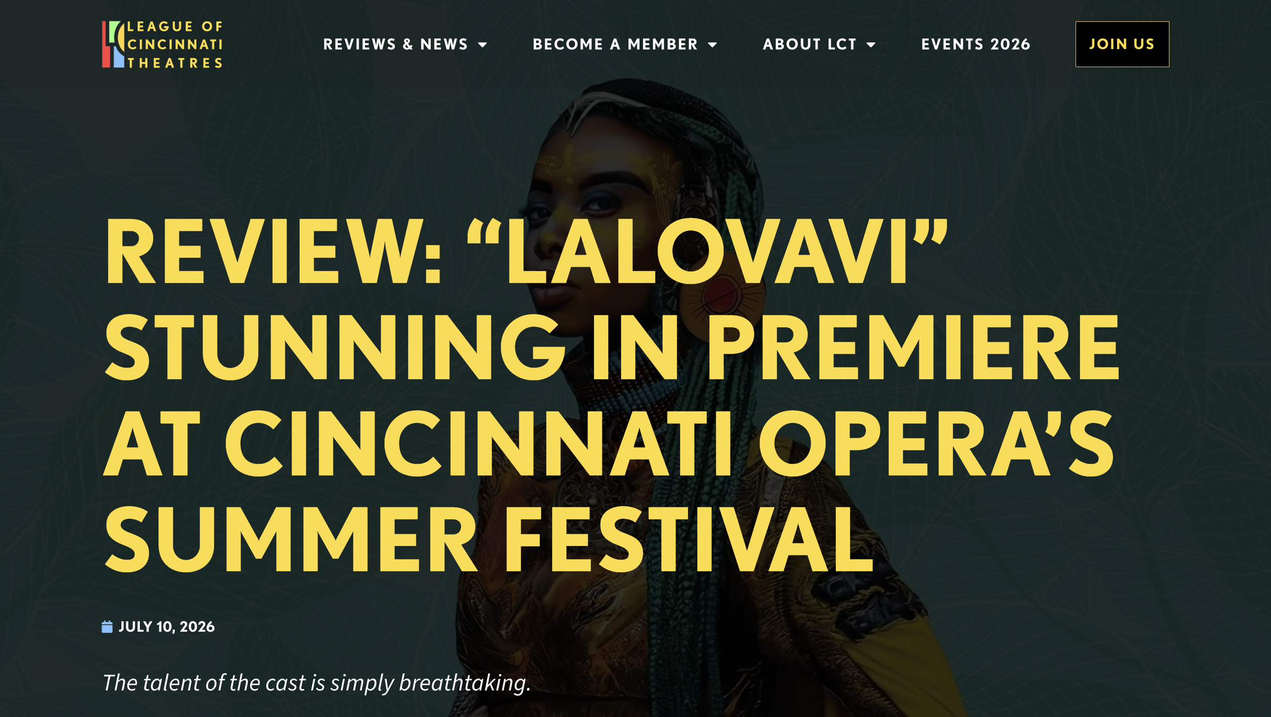 Promotional webpage for Cincinnati Opera's summer festival highlighting the premiere of 'LALOVI,' with a woman's portrait and large, bold yellow text announcing the event, date, and a quote about the cast's talent.