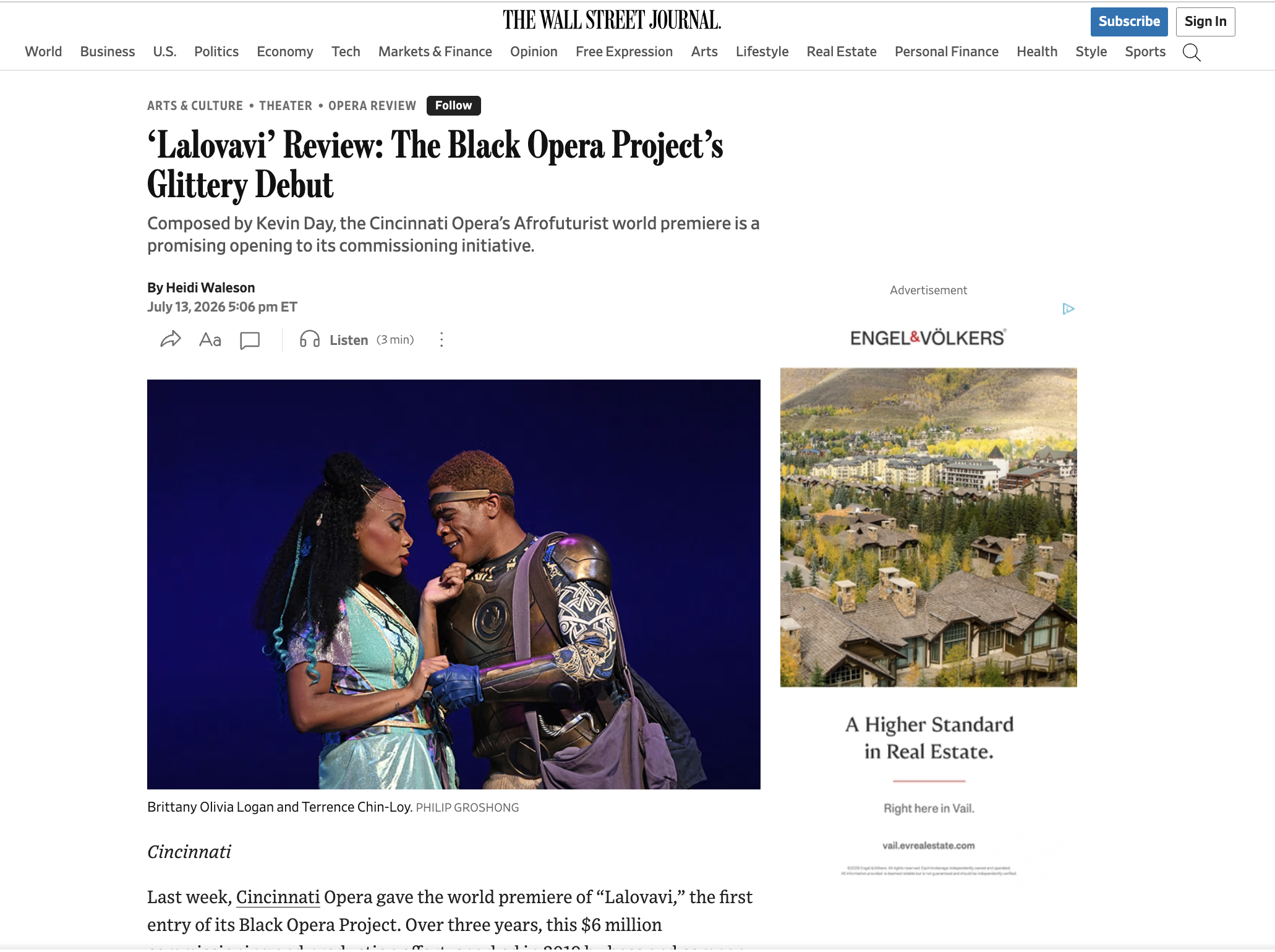 A screenshot of a webpage from The Wall Street Journal featuring an article titled 'Lalovavi Review: The Black Opera Project’s Glittery Debut' with a subheading about Cincinnati Opera's world premiere, accompanied by an image of two people dressed in colorful, futuristic costumes performing on stage.