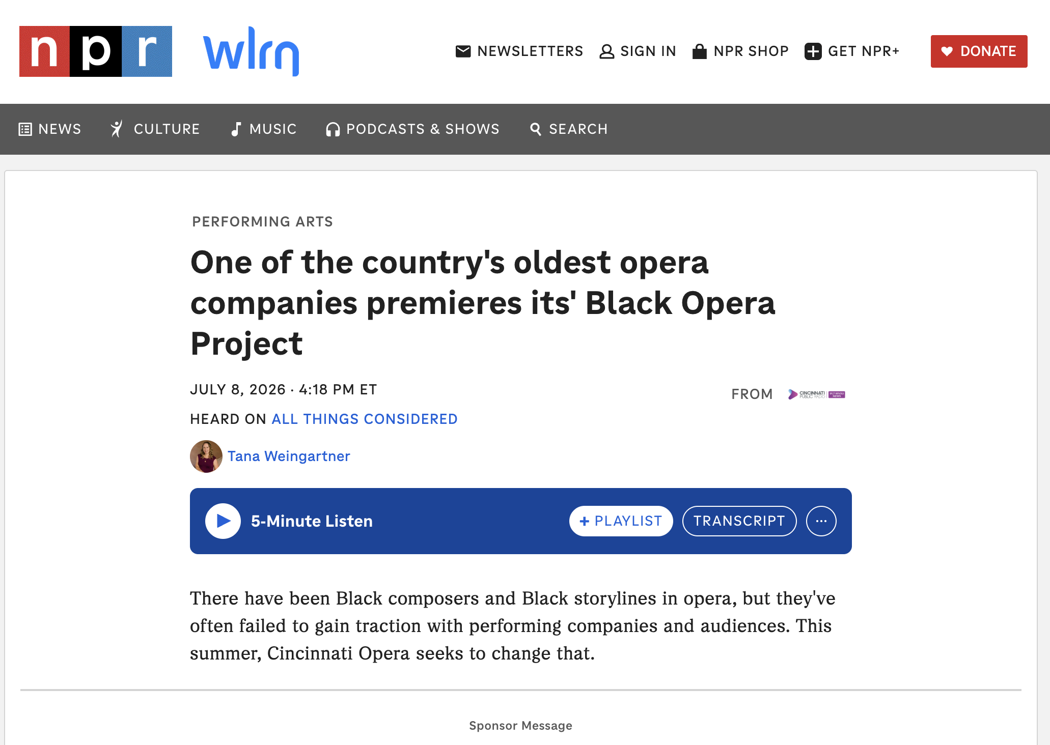 Screen capture of a news website with headlines and article summaries about Black opera companies and Black storytelling in opera.