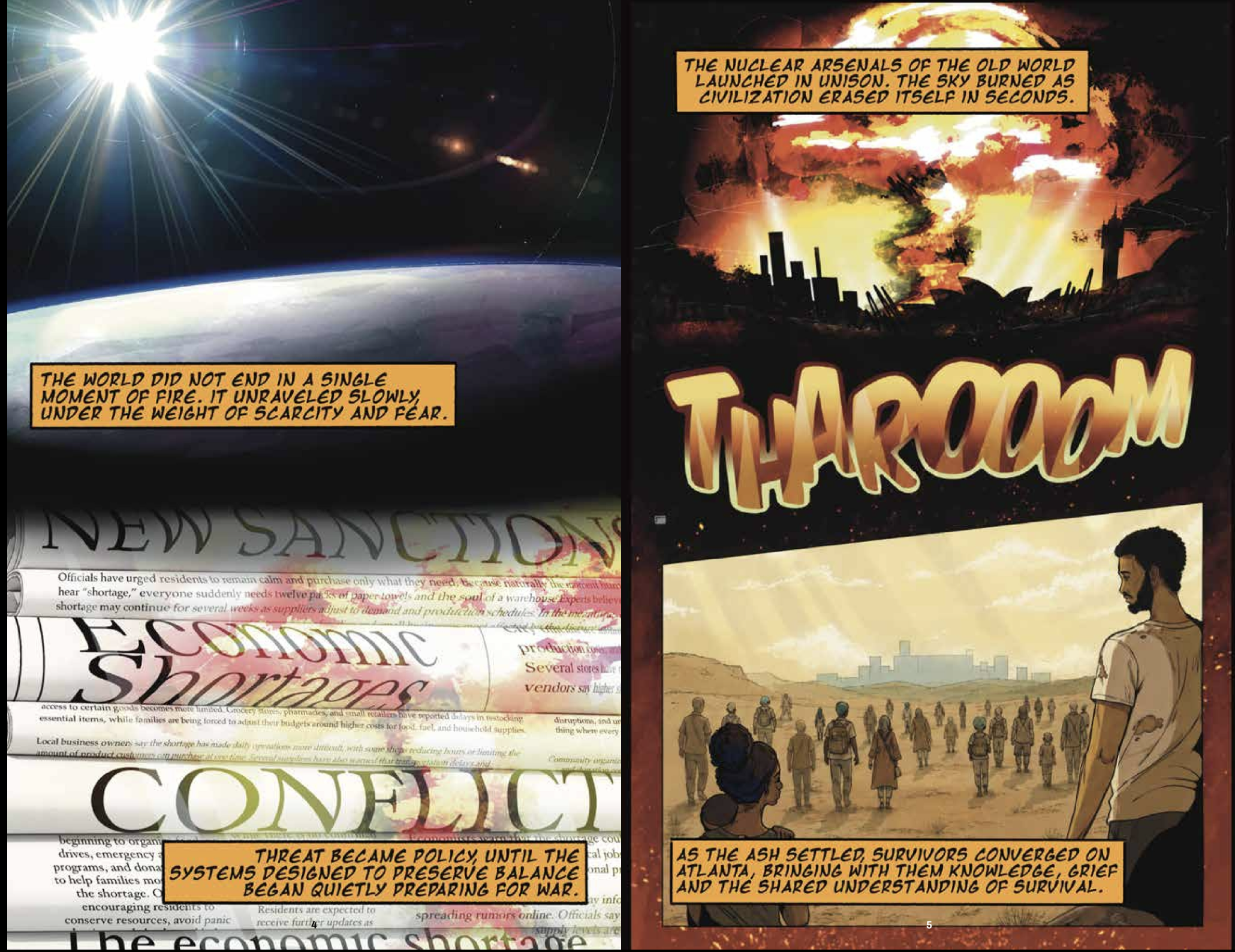 A comic-style illustration depicting a nuclear explosion with mushroom cloud, accompanied by text boxes describing the history and impact of nuclear war and survival.