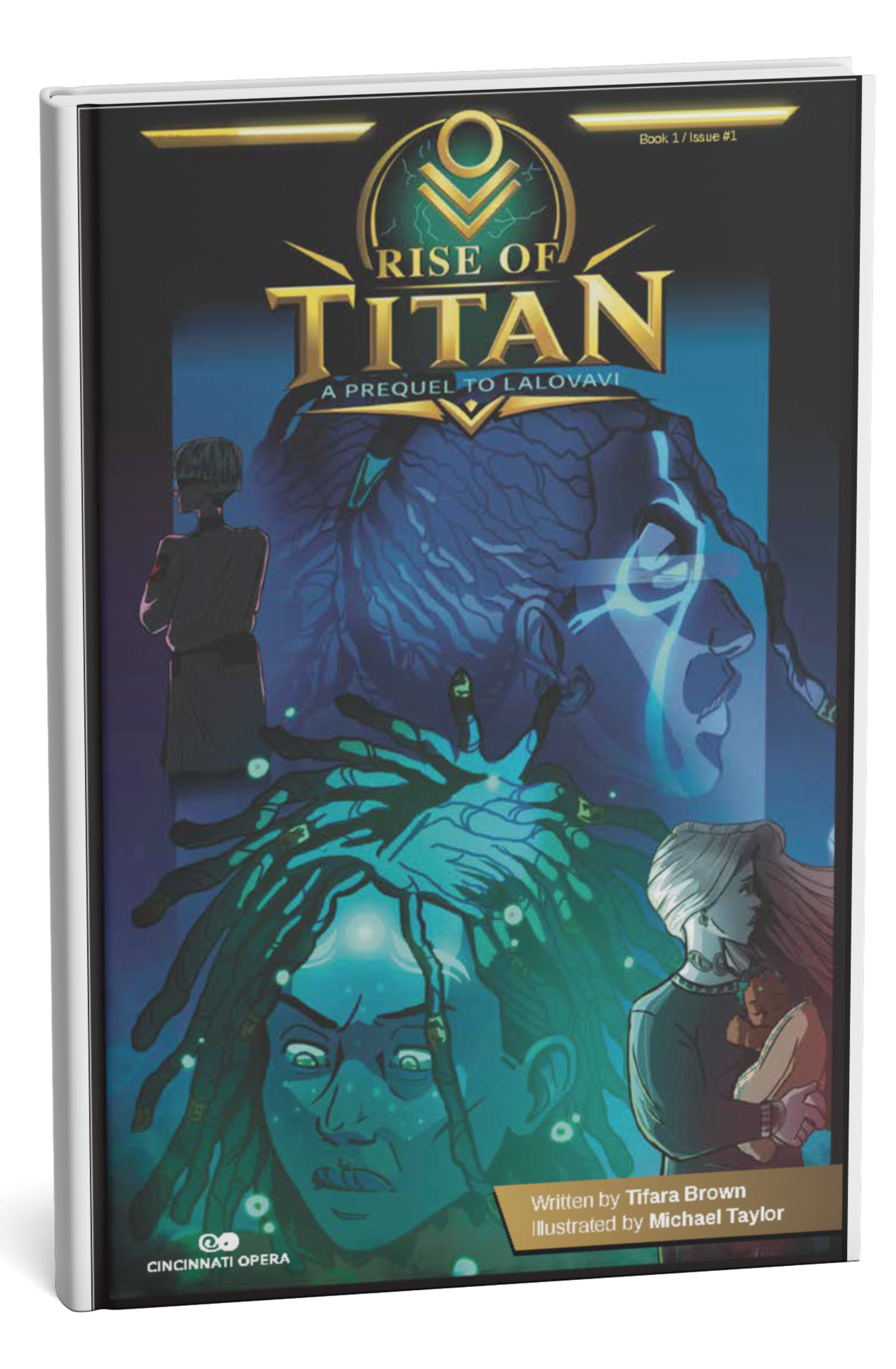 Book cover titled 'Rise of Titan: A Prequel to Lalovavi,' featuring artwork of a large, mythological figure with dreadlocks, glowing eyes, and swirling energy surrounding its head, with a woman holding a book in the foreground.