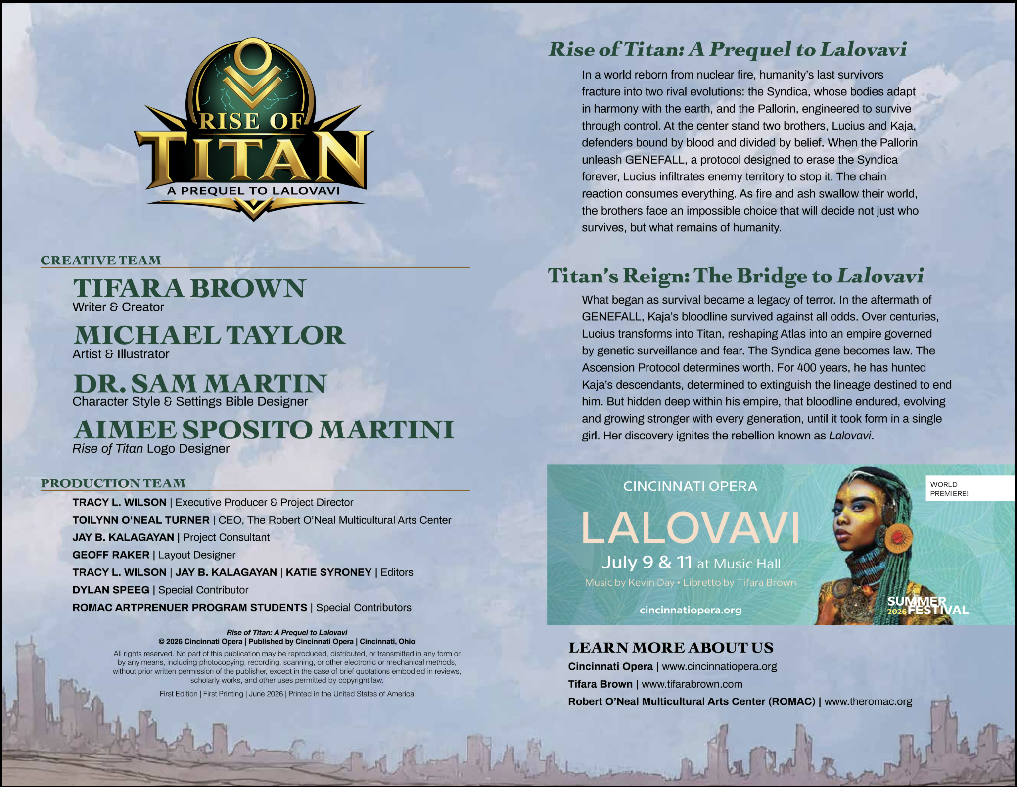 Promotional flyer for a theatrical production titled 'Rise of Titan: A Prequel to Lalovai.' The flyer features the logo of 'Rise of Titan' with a glowing, cracked sphere and lightning bolts, along with a colorful image of a woman adorned with traditional jewelry and beads. The text includes details about the production dates, venue, music, and creative team, with a background illustrating a city skyline and a blue sky.
