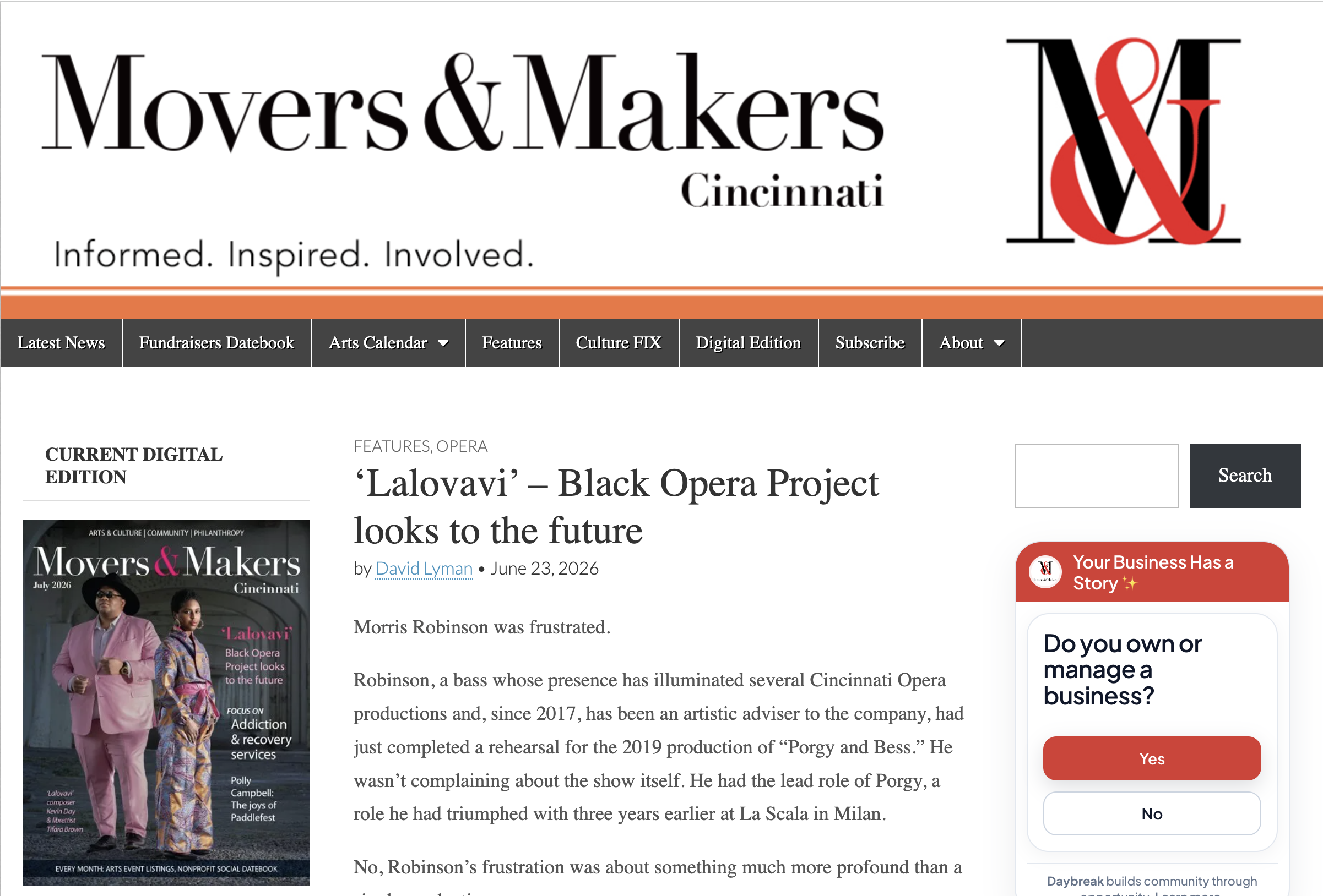 Screenshot of the Movers & Makers Cincinnati website featuring a magazine cover with two women dressed in pink and patterned clothing, and an article titled 'Lalovavi – Black Opera Project looks to the future'.