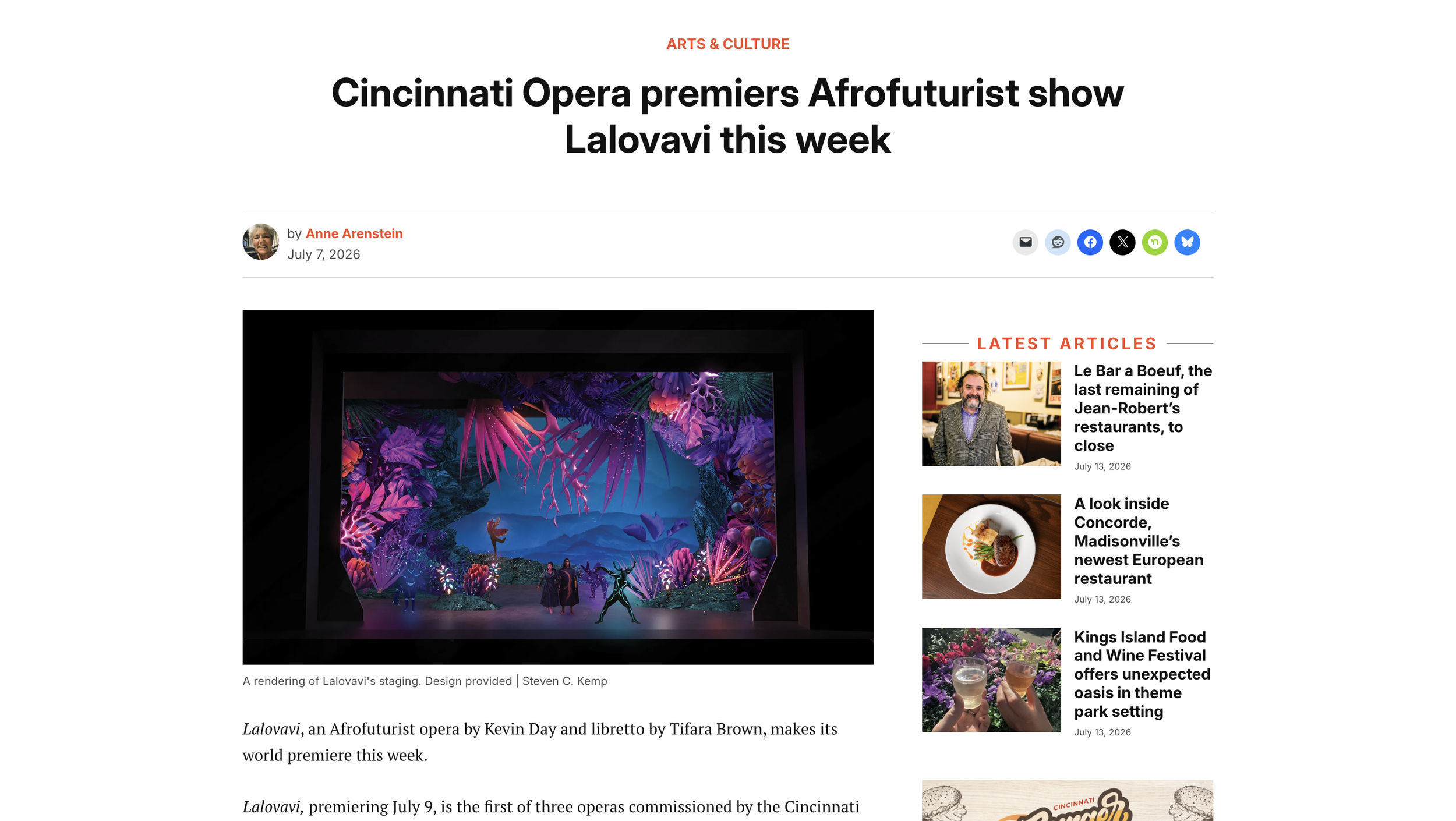 A colorful artistic stage set inspired by nature, displaying vibrant neon-lit plants, mountains, and a person standing on a small hill in the middle, with several figures in costumes around.