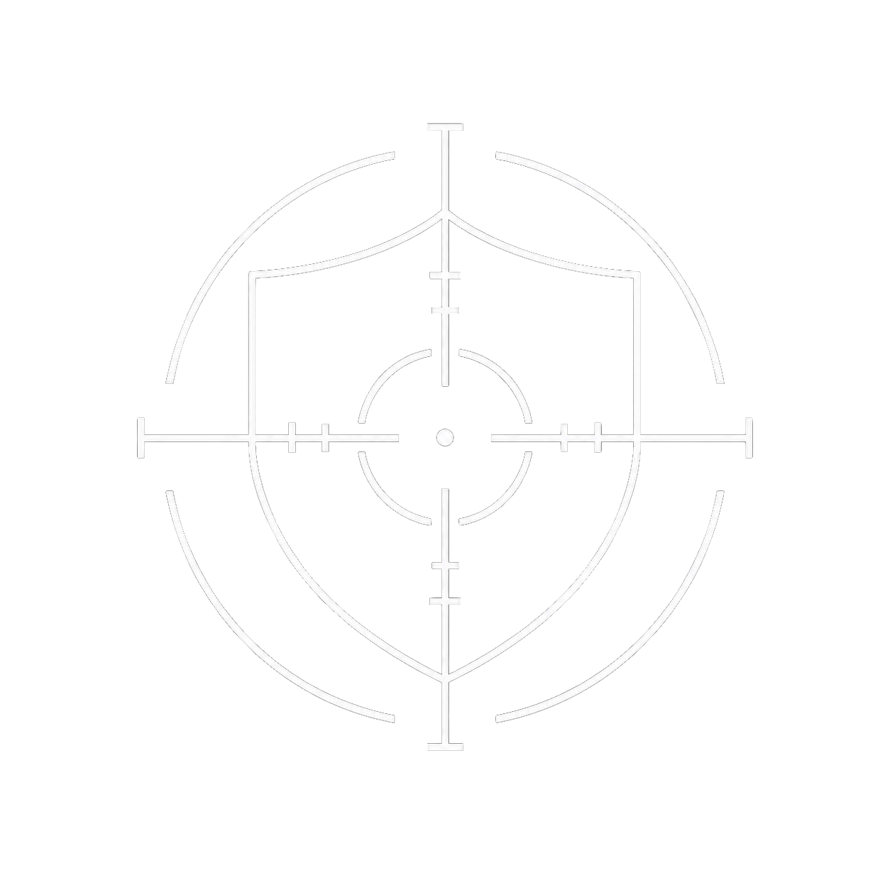 A white tactical crosshair reticle with concentric circles, lines, and markings on a black background.